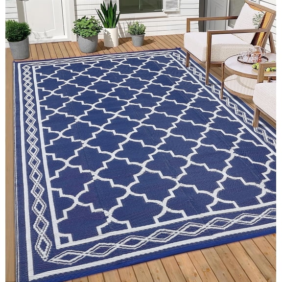 Garvee Outdoor Rug 10x14ft Waterproof for Patios, Reversible Plastic Straw Rug Camping Carpet Mats for RV, Picnic, Backyard, Deck, Balcony, Porch, Beach, Dark Blue & White