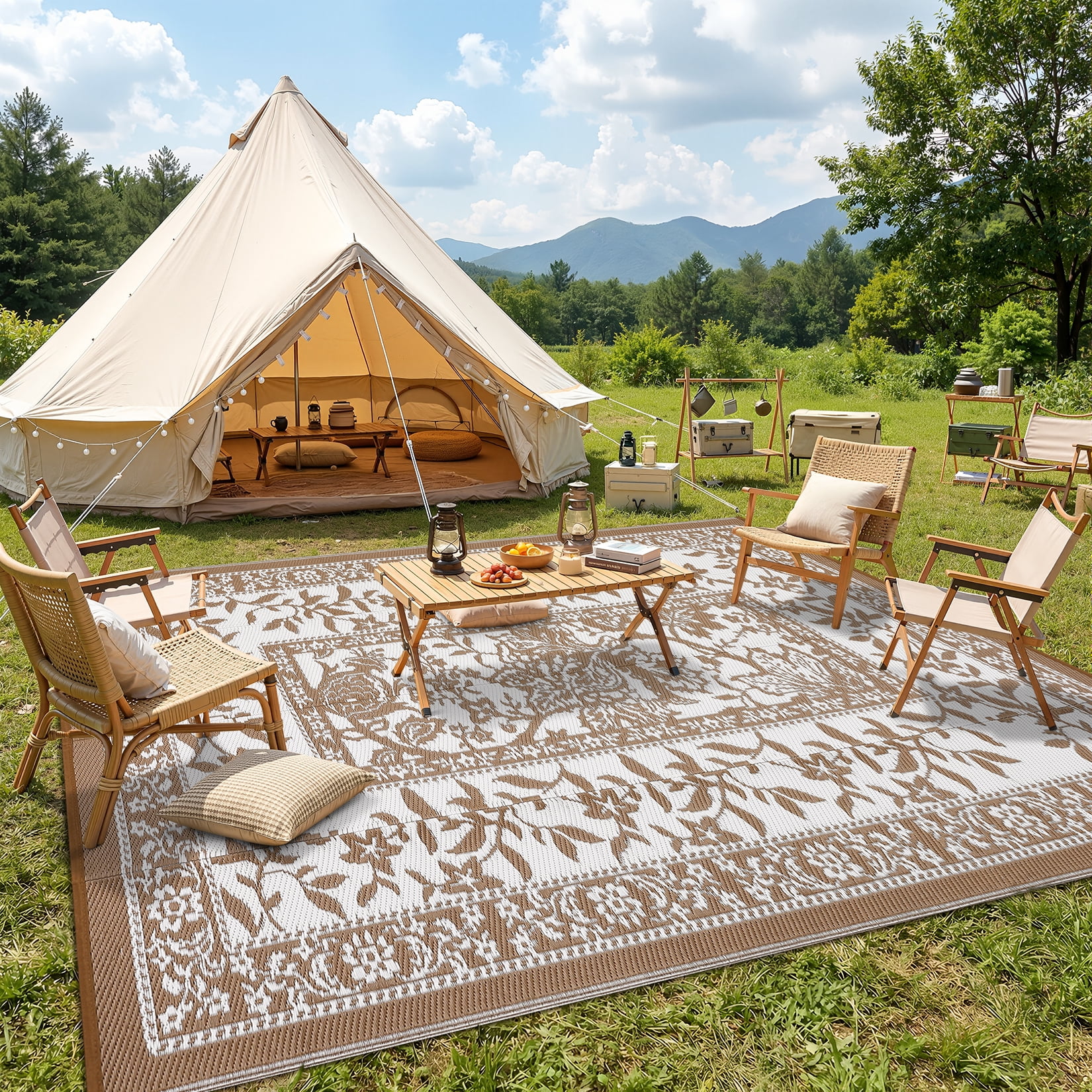 Garvee Outdoor Rug 10x14ft Waterproof Reversible Foldable Plastic Straw Rug, Modern Floral Border Outdoor Mat for Patio, Camping, RV, Deck, Porch, Balcony, Brown/White