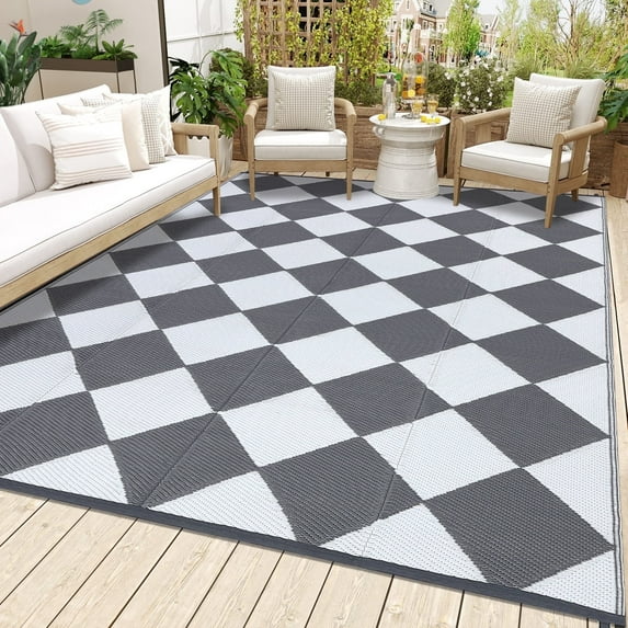 Garvee Outdoor Rug 5'x8' Waterproof Patio Rug, Portable Modern Geometric Plastic Outdoor Carpet for Camping, Deck, Backyard, Porch Decor, with Storage Bag, Gray and White