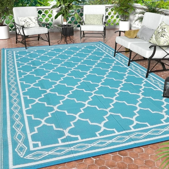 Garvee Outdoor Rug 5x8ft Waterproof for Patios, Reversible Plastic Straw Rug Camping Carpet Mats for RV, Picnic, Backyard, Deck, Balcony, Porch, Beach, Light Blue & White