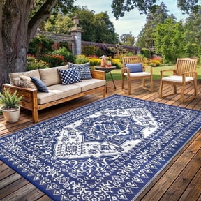 Garvee Outdoor Rug 8'x10’ Waterproof Reversible Plastic Straw Rug, Indoor Outdoor Rug for Patio RV Camping Balcony Deck Backyard, Dark Blue & White