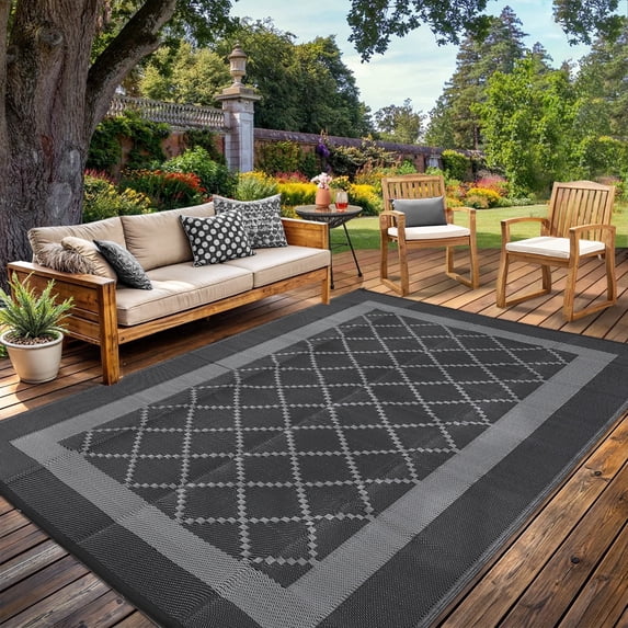 Garvee Outdoor Rug 8'x10' Waterproof Area Rug for Patios, Reversible Plastic Straw Rug Camping Carpet Mats for RV, Picnic, Backyard, Balcony, Porch, Beach, Black Gray
