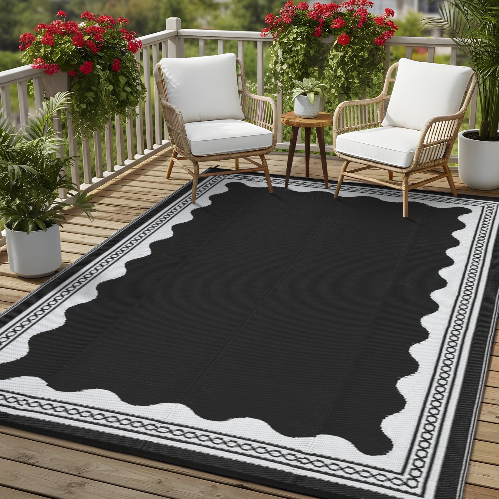 Garvee Outdoor Rug 8x10ft Modern Bordered Reversible Plastic Straw Rug, Waterproof RV Camping Rug Foldable Patio Rug for Deck Porch Balcony Backyard Picnic Beach, Black/White