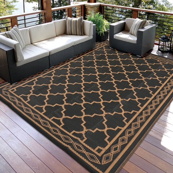 Garvee Outdoor Rug 8x10ft Waterproof for Patios, Reversible Plastic Straw Rug Camping Carpet Mats for RV, Picnic, Backyard, Deck, Balcony, Porch, Beach, Black & Brown