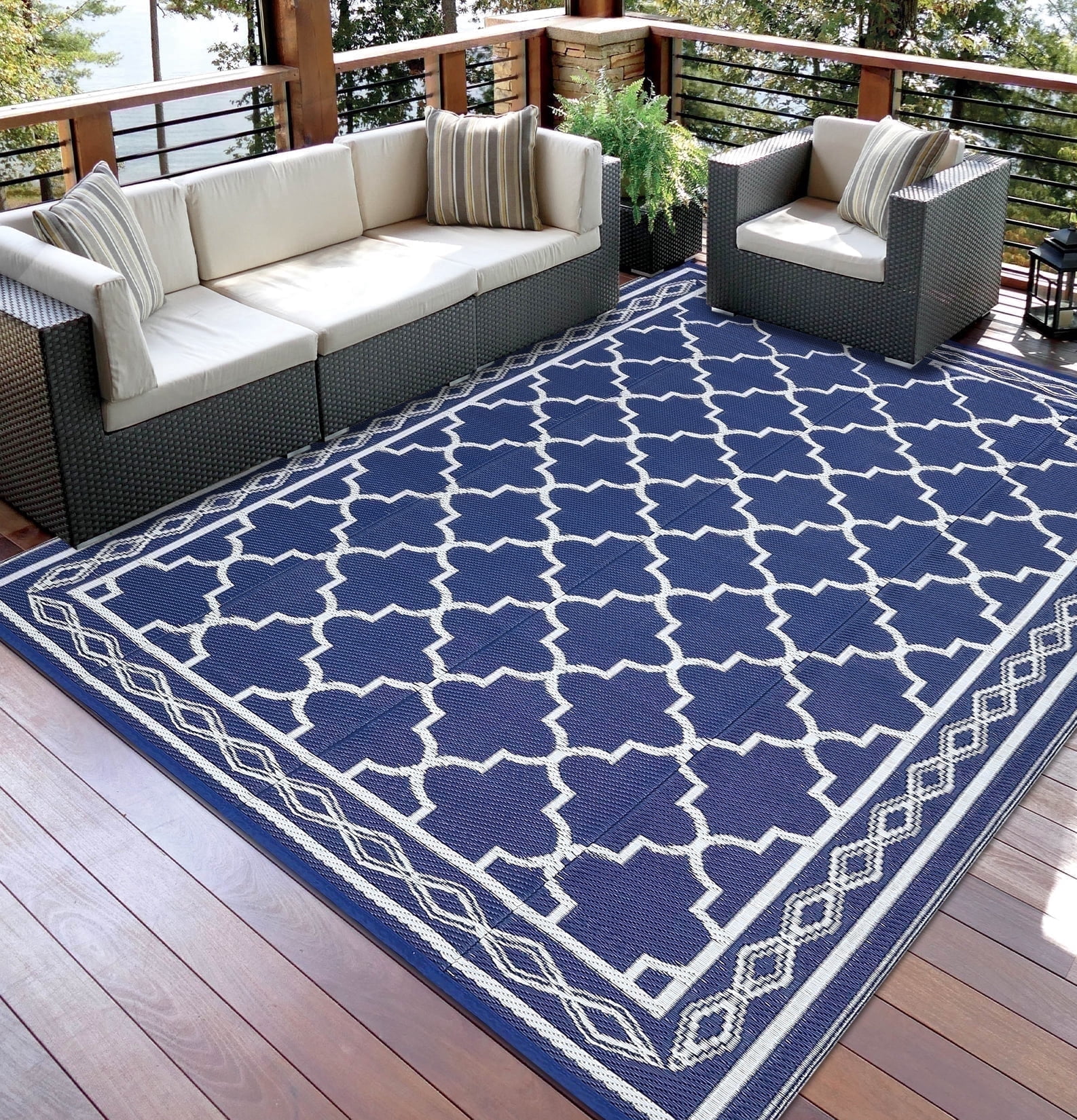 Garvee Outdoor Rug 8x10ft Waterproof for Patios, Reversible Plastic Straw Rug Camping Carpet Mats for RV, Picnic, Backyard, Deck, Balcony, Porch, Beach, Dark Blue & White