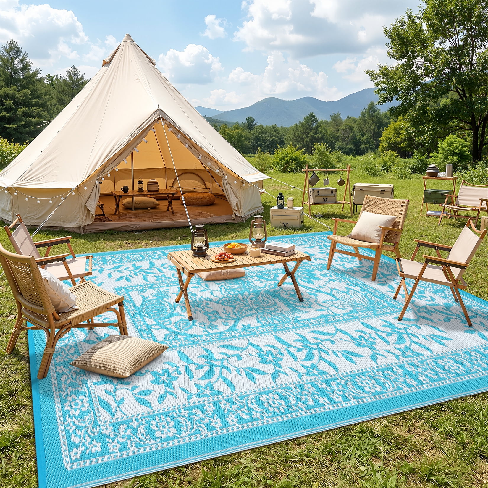 Garvee Outdoor Rug 8x10ft Waterproof Reversible Foldable Plastic Straw Rug, Modern Floral Border Outdoor Mat for Patio, Camping, RV, Deck, Porch, Balcony, Light Blue/White