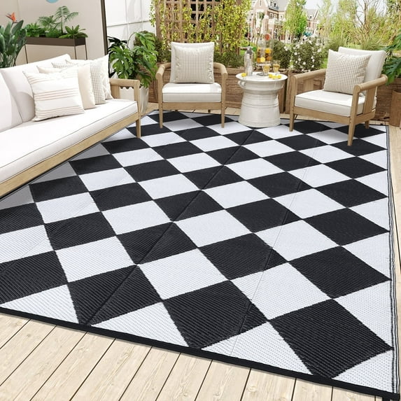 Garvee Outdoor Rug 9'x12' Waterproof Patio Rug, Portable Modern Geometric Plastic Outdoor Carpet for Camping, Deck, Backyard, Porch Decor, with Storage Bag, Black and White