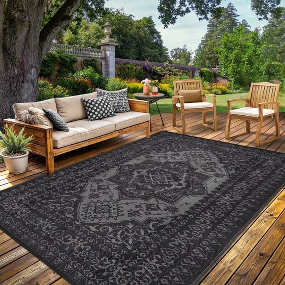 Garvee Outdoor Rug 9'x12' Waterproof Reversible Plastic Straw Rug, Indoor Outdoor Rug for Patio RV Camping Balcony Deck Backyard, Black & Gray