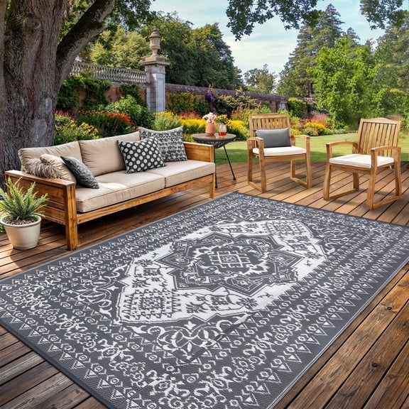 Garvee Outdoor Rug 9'x12’ Waterproof Reversible Plastic Straw Rug, Indoor Outdoor Rug for Patio RV Camping Balcony Deck Backyard, Gray & White