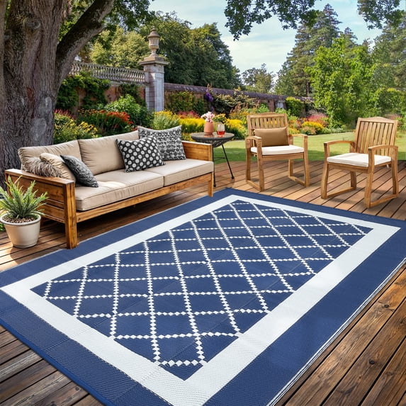 Garvee Outdoor Rug 9'x12' Waterproof Rug for Patios, Reversible Plastic Straw Rug Camping Carpet Mats for RV, Picnic, Backyard, Balcony, Porch, Beach, Dark Blue
