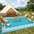 thumbnail image 1 of Garvee Outdoor Rug 9x12ft Modern Bordered Reversible Plastic Straw Rug, Waterproof RV Camping Rug Foldable Patio Rug for Deck Porch Balcony Backyard Picnic Beach, Light Blue, 1 of 9