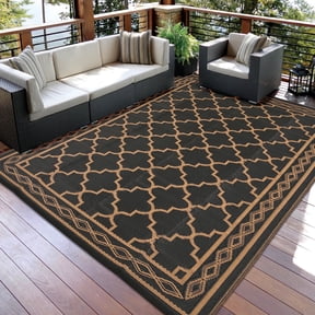 Garvee Outdoor Rug 9x12ft Waterproof for Patios, Reversible Plastic Straw Rug Camping Carpet Mats for RV, Picnic, Backyard, Deck, Balcony, Porch, Beach, Black & Brown