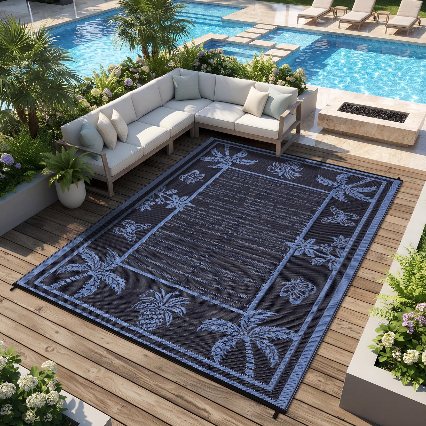Garvee Outdoor Rug 9x12ft Waterproof Reversible Foldable Plastic Straw Rug, Tropical Leaf Border Outdoor Mat for Patio, Camping, RV, Deck, Porch, Balcony, Blue