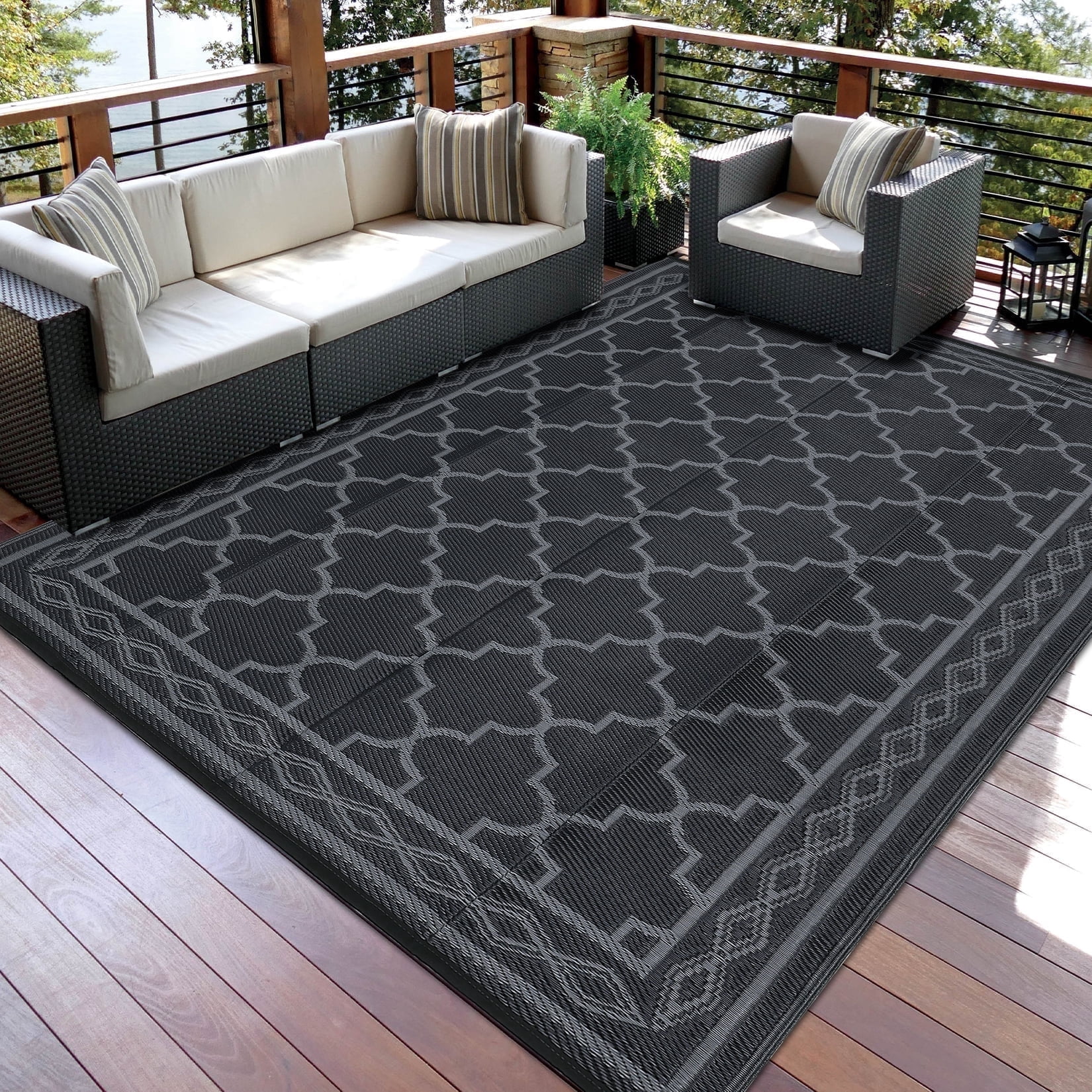 Garvee Outdoor Rug 9x18ft Waterproof for Patios, Reversible Plastic Straw Rug Camping Carpet Mats for RV, Picnic, Backyard, Deck, Balcony, Porch,Beach, Black & Gray