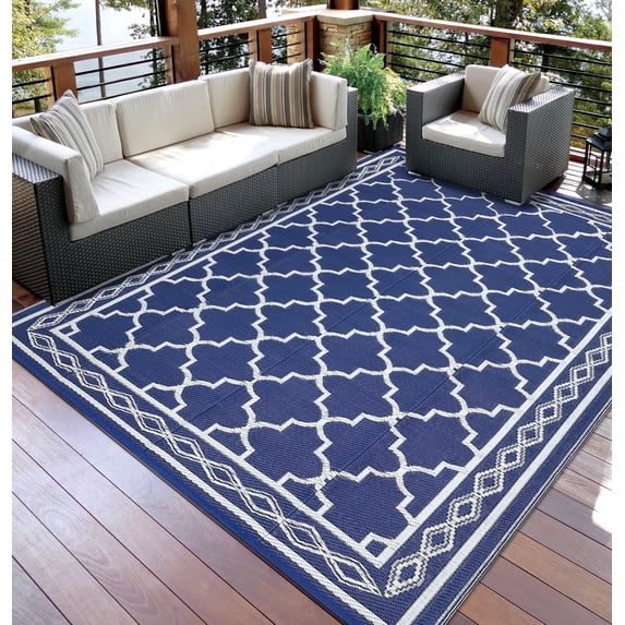 Garvee Outdoor Rug 9x18ft Waterproof for Patios, Reversible Plastic Straw Rug Camping Carpet Mats for RV, Picnic, Backyard, Deck, Balcony, Porch, Beach, Dark Blue & White