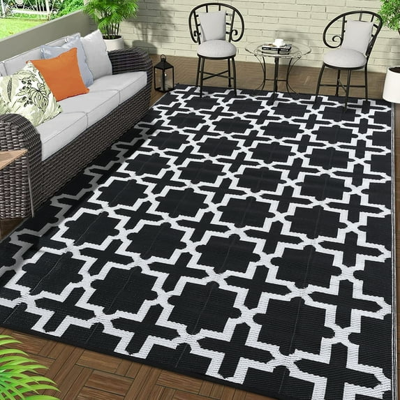 Garvee Outdoor Rug Carpet 5'x8' Waterproof Straw Rug, Plastic Indoor Outdoor Carpet for Camping Garden Picnic Deck Backyard Porch Decor, With Storage Bag, Black and White