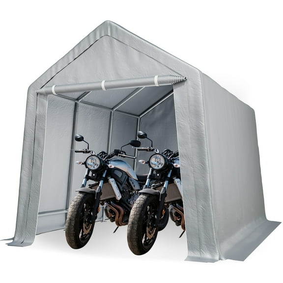 Garvee Outdoor Storage Shed, 10x15ft Heavy Duty Carport with Roll up Door & Zipper for Bike, Lawn Mower, Tractor, Gray