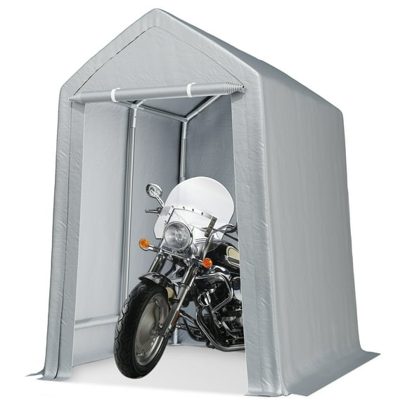 Garvee Outdoor Storage Shed, 6x8ft Heavy Duty Carport with Roll up Door & Zipper for Bike, Lawn Mower, Tractor, Gray