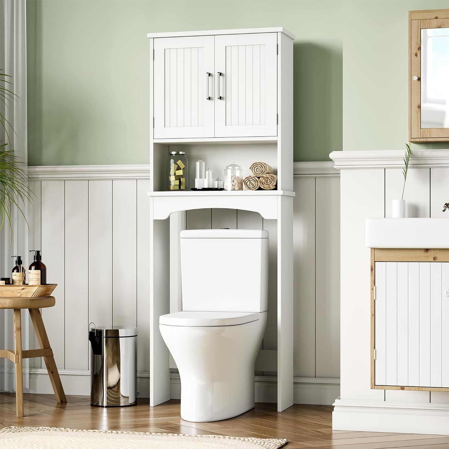 White Linen MDF Over-The-Toilet Storage Cabinet with Double Doors