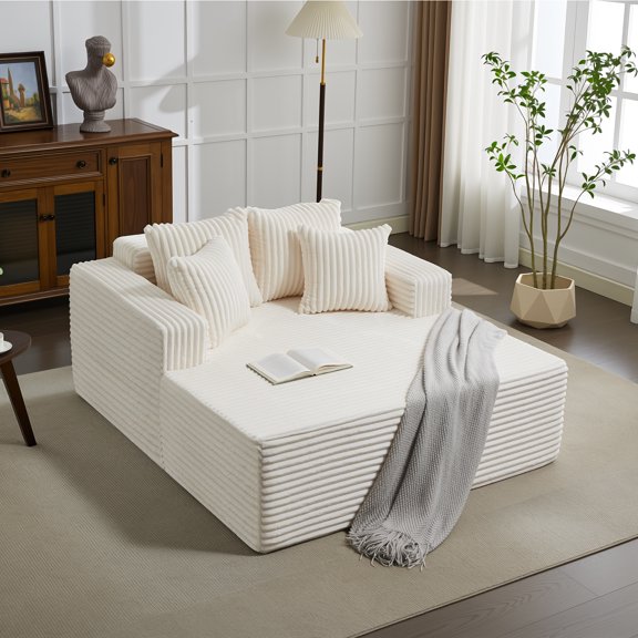 Garvee Oversized Corduroy Chaise Lounge Chair - 54.3" Wide Cloud Sleeper Sofa Bed, High Density Foam, 4 Pillows & Wide Armrests, Soft No Assembly Couch for Living Room, Bedroom, Office - White