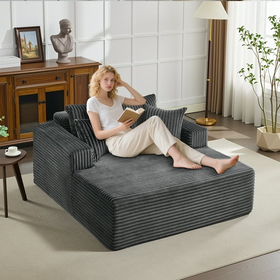 Garvee Oversized Corduroy Chaise Lounge Chair - No Assembly Required,Comfy Cloud Sleeper Sofa Bed with High-Density Foam,4 Pillows & Wide Armrests,Soft Recliner for Living Room,Bedroom,Office - Gray
