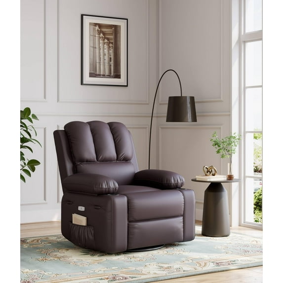 Garvee Oversized Electric Recliner Chair - 360° Rocker Swivel, PU Leather, Heat and Massage, Brown
