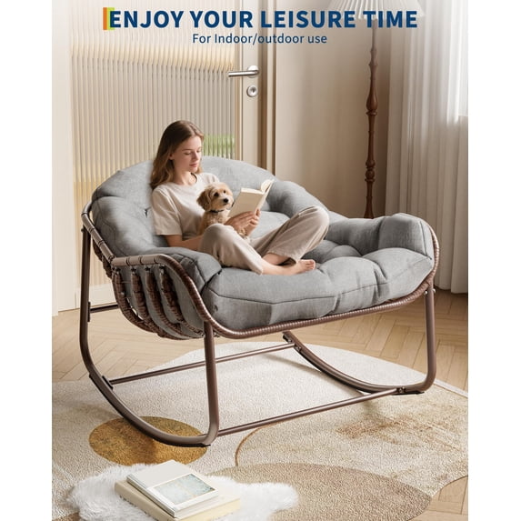 Garvee Oversized Papasan Rocking Chair with Cushion, Outdoor Wicker Rattan Egg Rocker - Comfort Lounge Chair for Patio Balcony Backyard Porch Bedroom, Grey