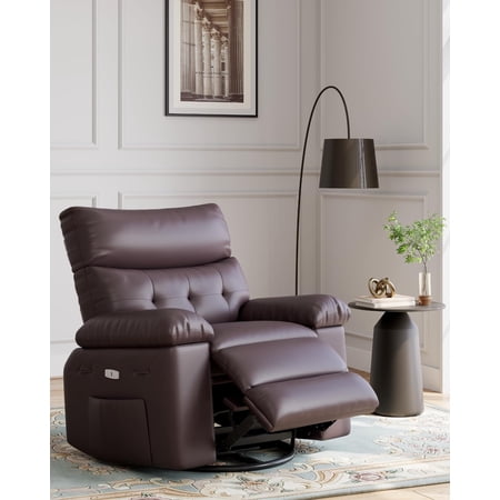 Garvee Oversized Wide Leather Rocker Swivel Recliner Chair for Adults with Heat and Massage, Brown