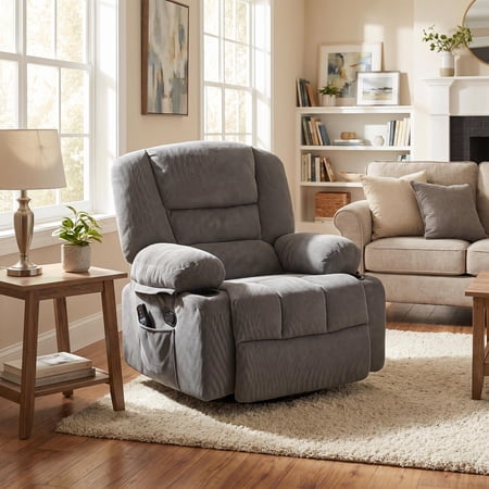 Garvee Oversized Wide Recliner Chair-Heat and Vibration Massage, 360° Swivel Rocker Chair, Manual Recliner with Cup Holders & Side Pocket