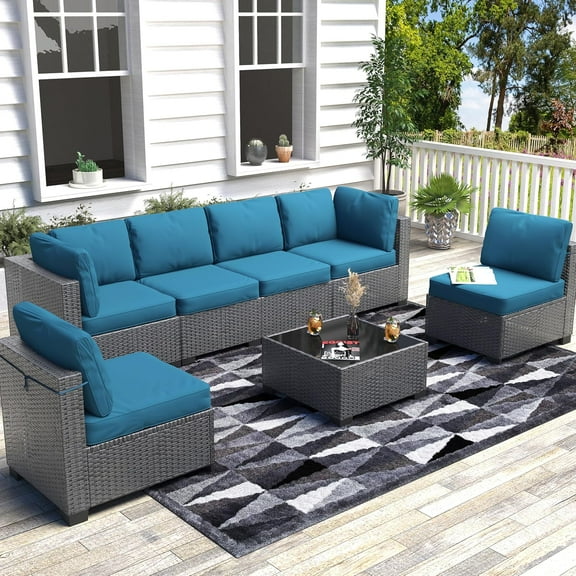 Garvee Patio Furniture Set – 7-Piece Outdoor Rattan Sectional Sofa with Detachable Soft Cushions, Waterproof Patio Conversation Set with Glass Top Table – Dark Curry + Peacock Blue