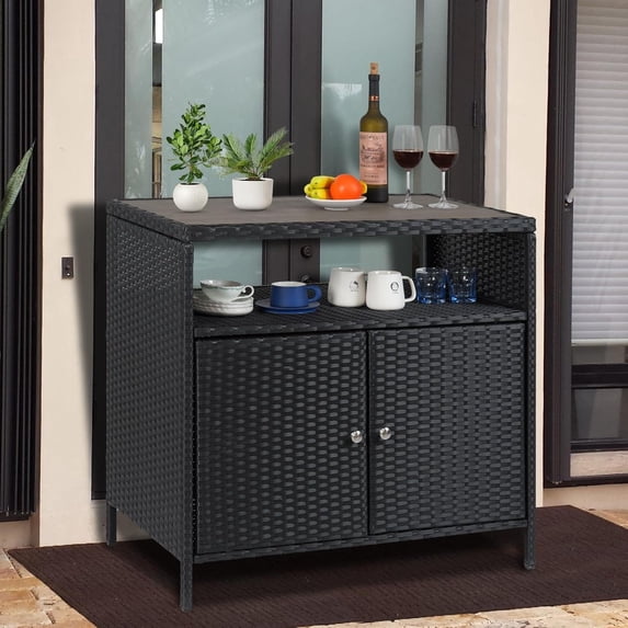 Garvee Patio Outdoor Wicker Storage Cabinet – Convenient Access & Weather-Resistant Design, Versatile Usage for Patio, Porch, Garden, or Storage – Grey