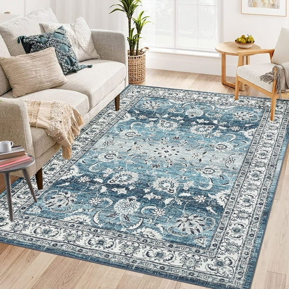 Garvee Persian Washable Rug 4' x 6' Bedroom Rug Vintage Floral Print Accent Rug Indoor Throw Floor Cover Foldable Thin Rug, Dark Blue