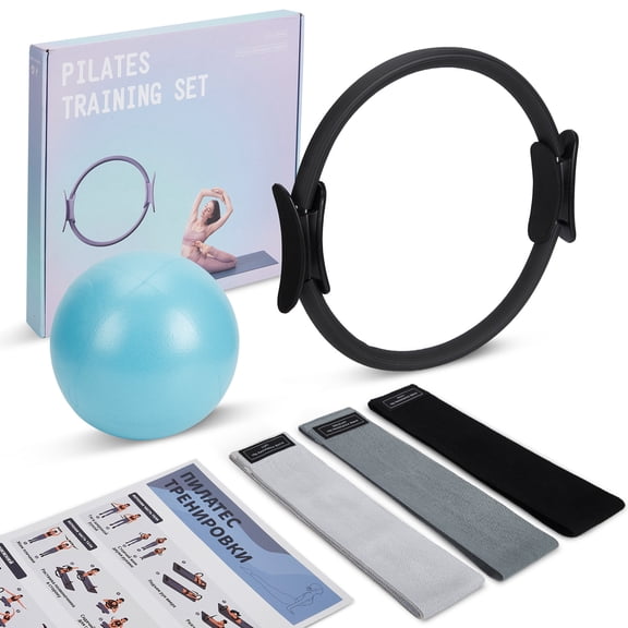 Garvee Pilates Ring Set with Mini Exercise Ball & 3 Resistance Bands, Home Workout Kit with Magic Circle, Non-Slip Handles & Anti-Burst Yoga Ball for Full Body Training