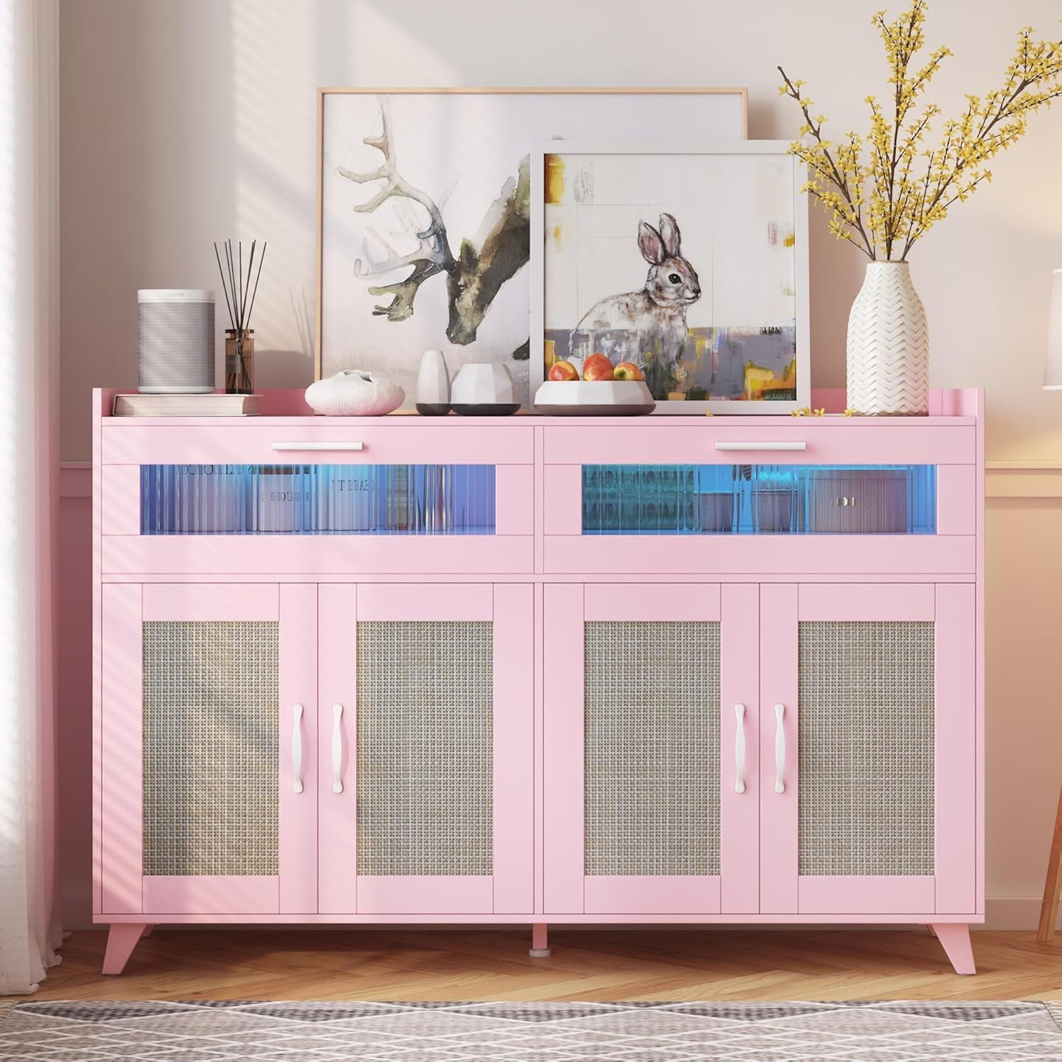 Pink MDF Buffet Cabinet with Rattan Doors and Acrylic Drawers