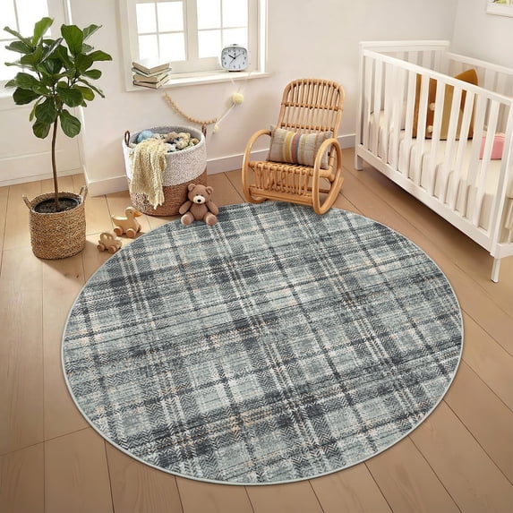 Garvee Plaid Area Rug 4x4ft Modern Round Washable Rug, Non Slip Stain Resistant Rug Geometric Carpet for Living Room Bedroom Home Office, Green