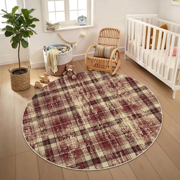 Garvee Plaid Area Rug 4x4ft Modern Round Washable Rug, Non Slip Stain Resistant Rug Geometric Carpet for Living Room Bedroom Home Office, Red