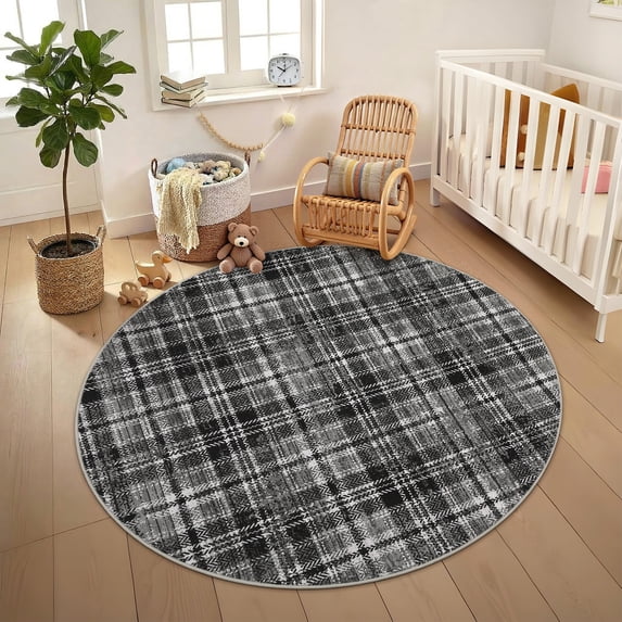 Garvee Plaid Area Rug 5x5ft Modern Round Washable Rug, Non Slip Stain Resistant Rug Geometric Carpet for Living Room Bedroom Home Office, Gray