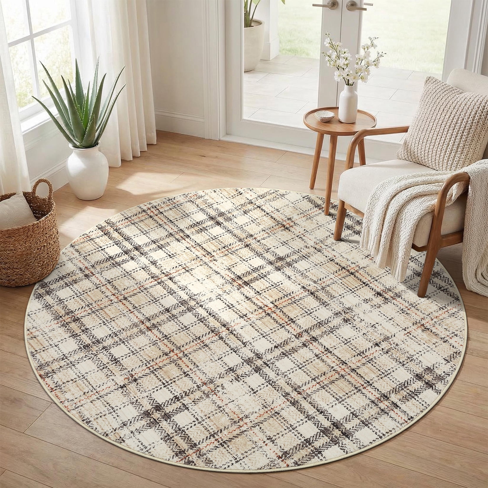 Garvee Plaid Area Rug 6x6ft Modern Round Washable Rug, Non Slip Stain Resistant Rug Geometric Carpet for Living Room Bedroom Home Office, Beige