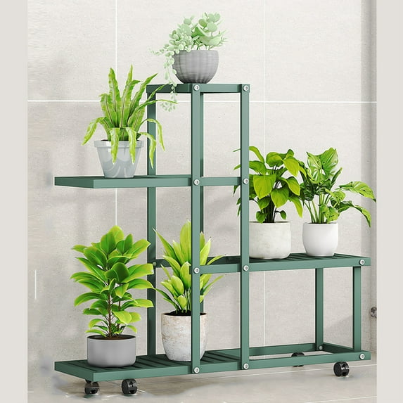 Garvee Plant Stand Indoor Outdoor, Flower Display Stand, Wrought Iron Corner Multiple Planter Rack Organizer with Wheels for Room Corner Balcony Garden Patio