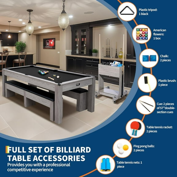 Garvee Pool Table with Dining Top and Table Tennis Complete Set with Cues Balls Ping Pong Paddles Net and Rolling Storage Caddy Wood Grain Finish Convertible Billiard Table for Home Black 7FT 3-in-1