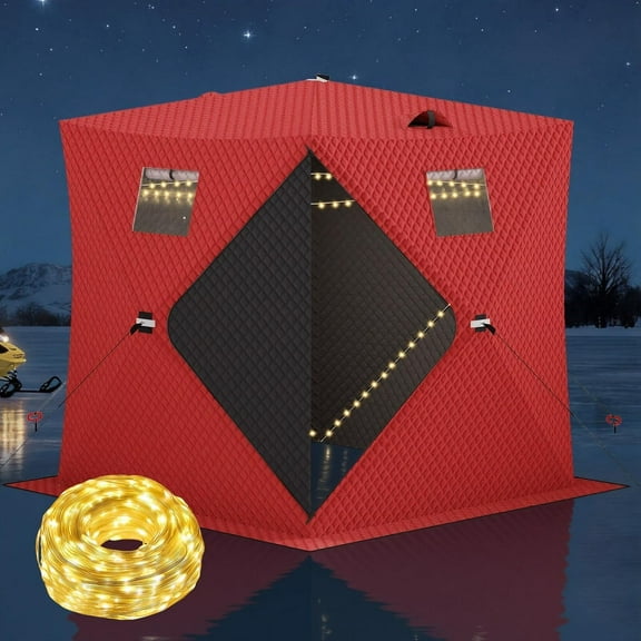 Garvee Pop up Ice Fishing Shelter and Insulated Ice Fishing Tent with 49ft LED Light Strip, Windproof Portable Hub Design, Fits 3-4 People, 35 Sq Ft Fishable Area, Red