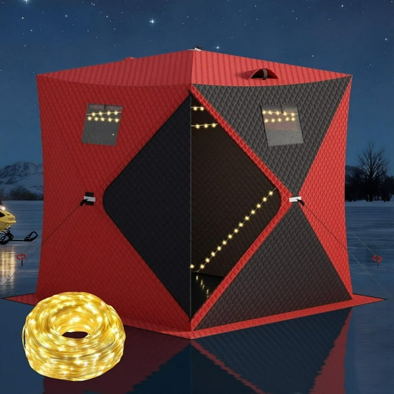 Garvee Pop up Ice Fishing Shelter and Insulated Ice Fishing Tent with 49ft LED Light Strip, Windproof Portable Hub Design, Fits 3-4 People, 35 Sq Ft Fishable Area, Red+Black