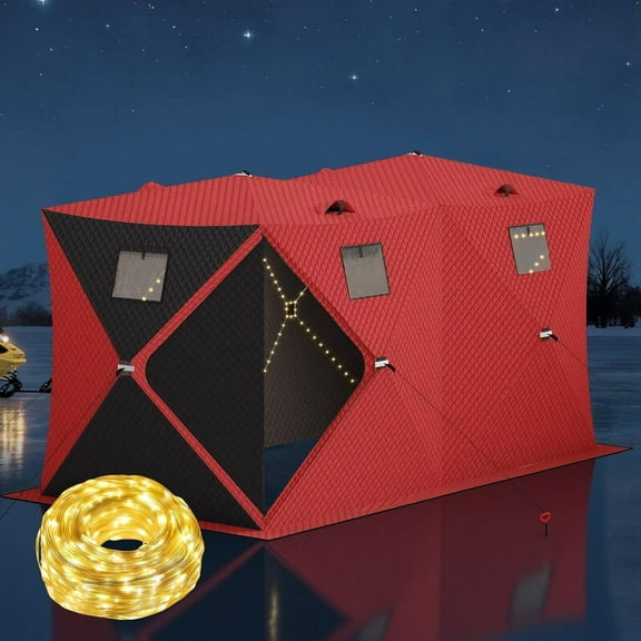 Garvee Pop up Ice Fishing Shelter and Insulated Ice Fishing Tent with 49ft LED Light Strip, Windproof Portable Hub Design, Fits 5-7 People, 69 Sq Ft Fishable Area, Red+Black