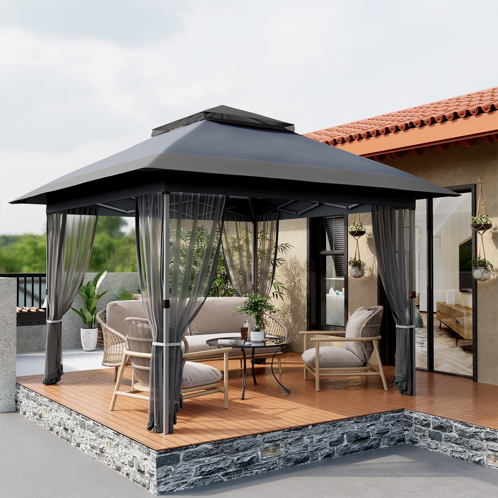 Garvee Pop Up Gazebo, 12'x12' Outdoor Canopy Tent with Mosquito Nettings and Double Top Roof, Instant Canopy for Patio, Party, Backyard, Grey