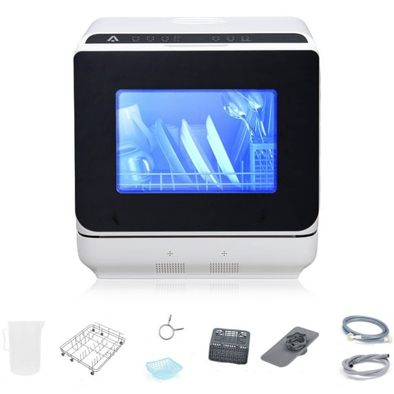 Garvee Portable Dishwashers Countertop with 5L Built-in Water Tank,5 Washing Programs, PTC Hot Air Drying & Inlet Hose, 360° Dual Spray Arm, Mini Dish Washer for Dorm,Apartments