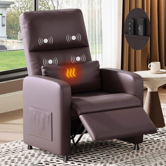 Garvee Power Recliner Chair with Heat & Massage for Adults – Ergonomic Adjustable PU Leather Sofa, Tall Back, Wide Arms, Side Pocket, Padded Seat – Ideal Home Theater & Living Room Seating, Brown