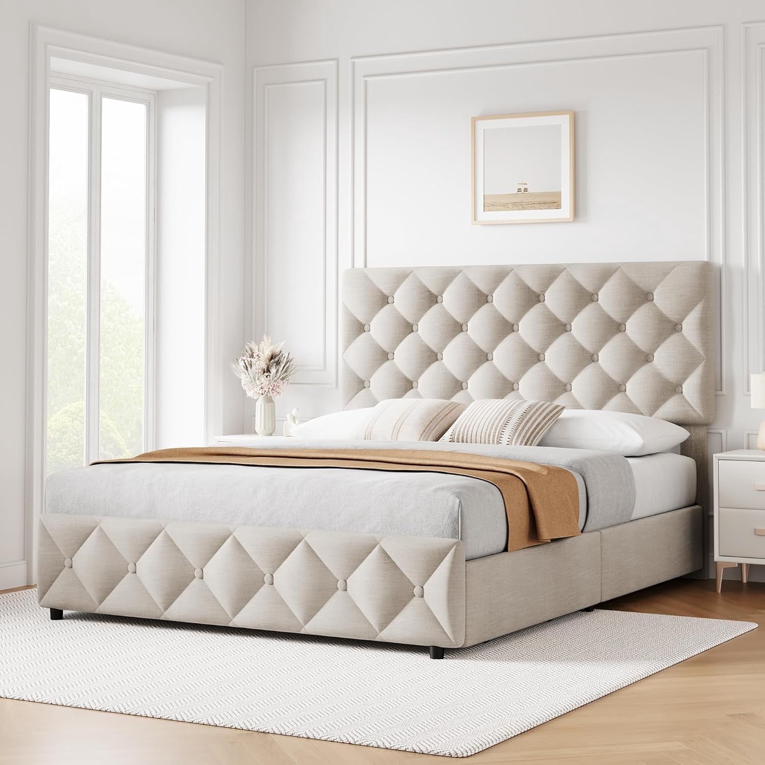 GARVEE Queen Bed Frame, with 4 Storage Drawers & Adjustable Headboard, White