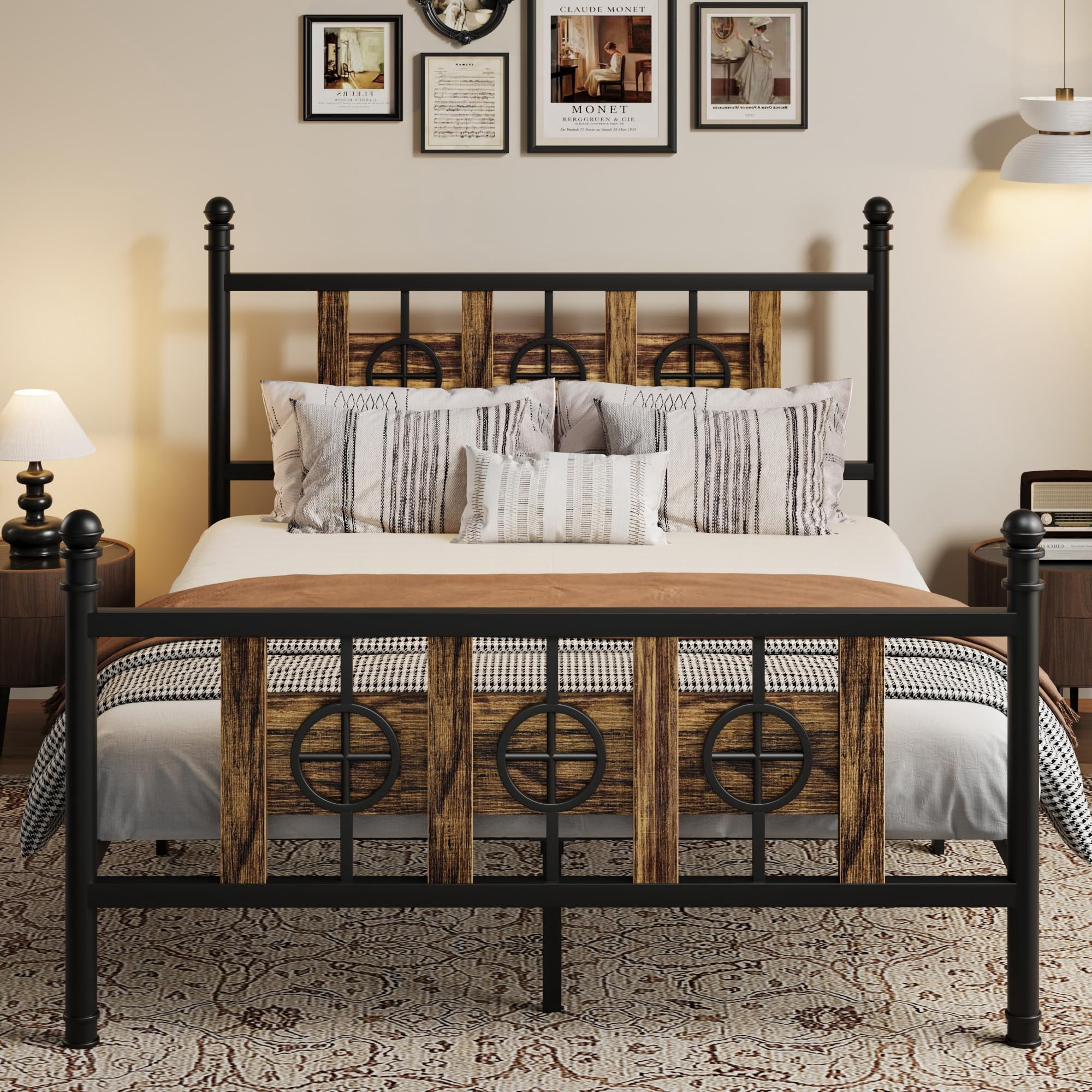 Garvee Queen Size Bed Frame with Headboard and Footboard, Storage Space Under Bed &  Metal Queen Bed Frame w/ Vintage Circular Design, No Box Spring Required, Easy Assembly, Noise-Free Brown