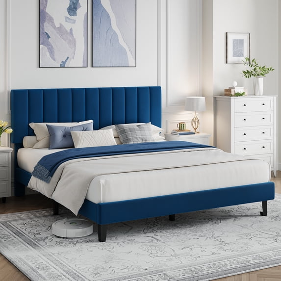Garvee Queen Size Bed Frame, Velvet Upholstered Platform Bed with Adjustable Tufted Headboard, No Box Spring Needed, Easy Assembly, Navy Blue