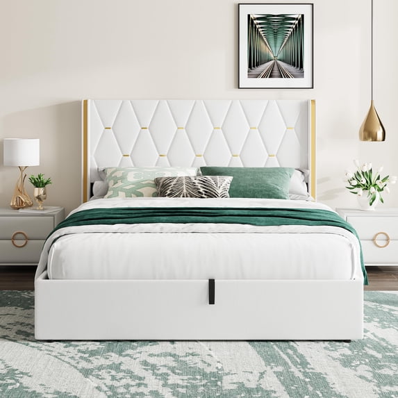 Garvee Queen Size Lift Up Storage Bed Frame with with Gold Wingback Headboard, Velvet Upholstered Bed Frame for Home Office, Hydraulic Support, No Box Spring Needed, White